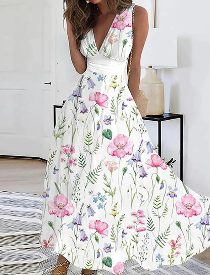 Floral V-Neck High Waist Dress by Greta 