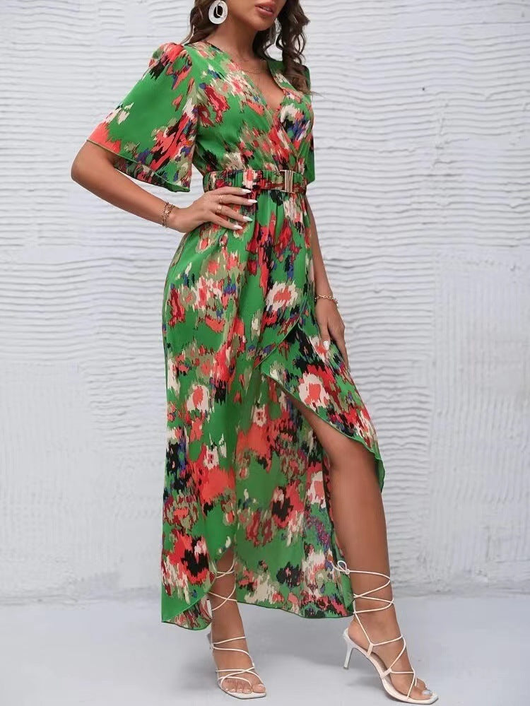 Vibrant Asymmetric V-Neck Dress by Greta 