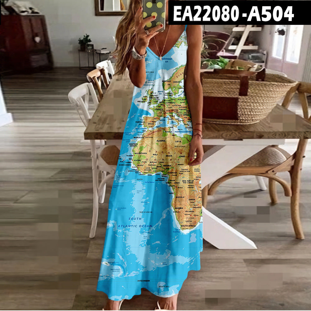 Chic Map Print Greta  High Waist Maxi Dress