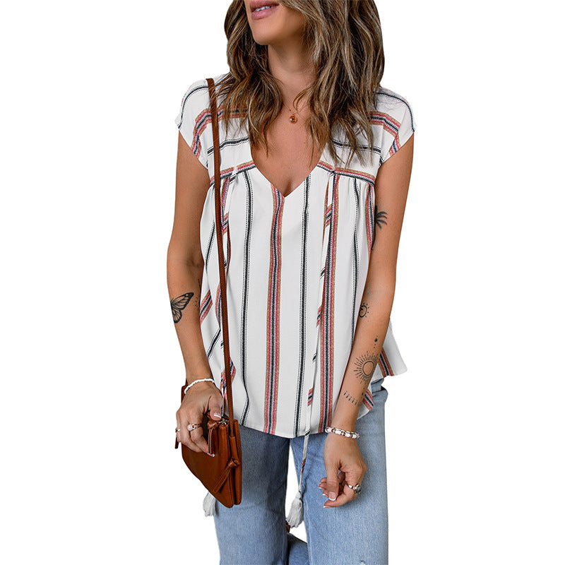 Striped V-Neck Chiffon Blouse by Greta 