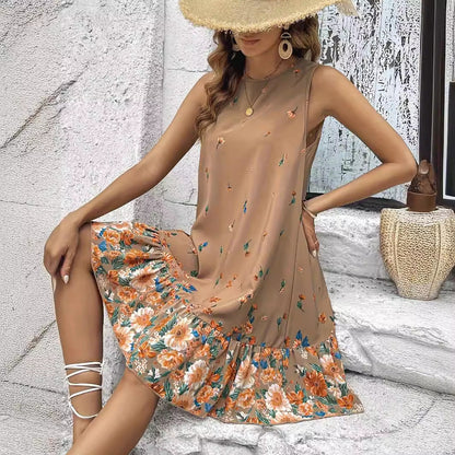 Floral Sleeveless Khaki Dress by Greta 