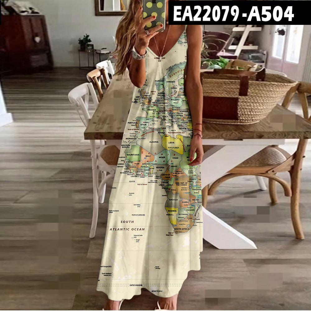 Chic Map Print Greta  High Waist Maxi Dress