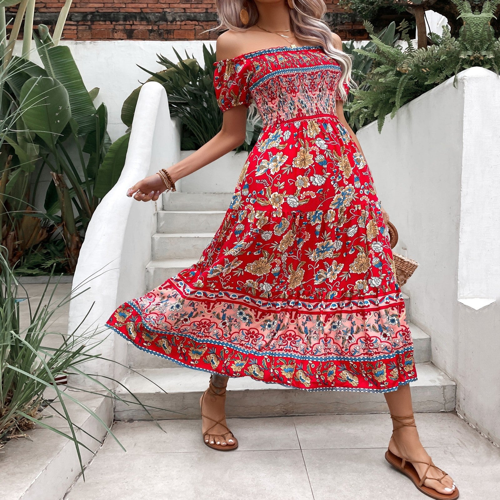 Boho Floral Greta  Off-Shoulder Midi Dress
