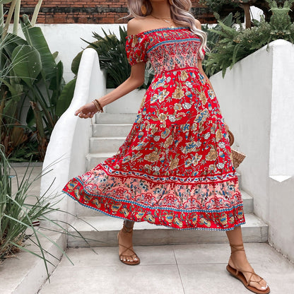 Boho Floral Greta  Off-Shoulder Midi Dress