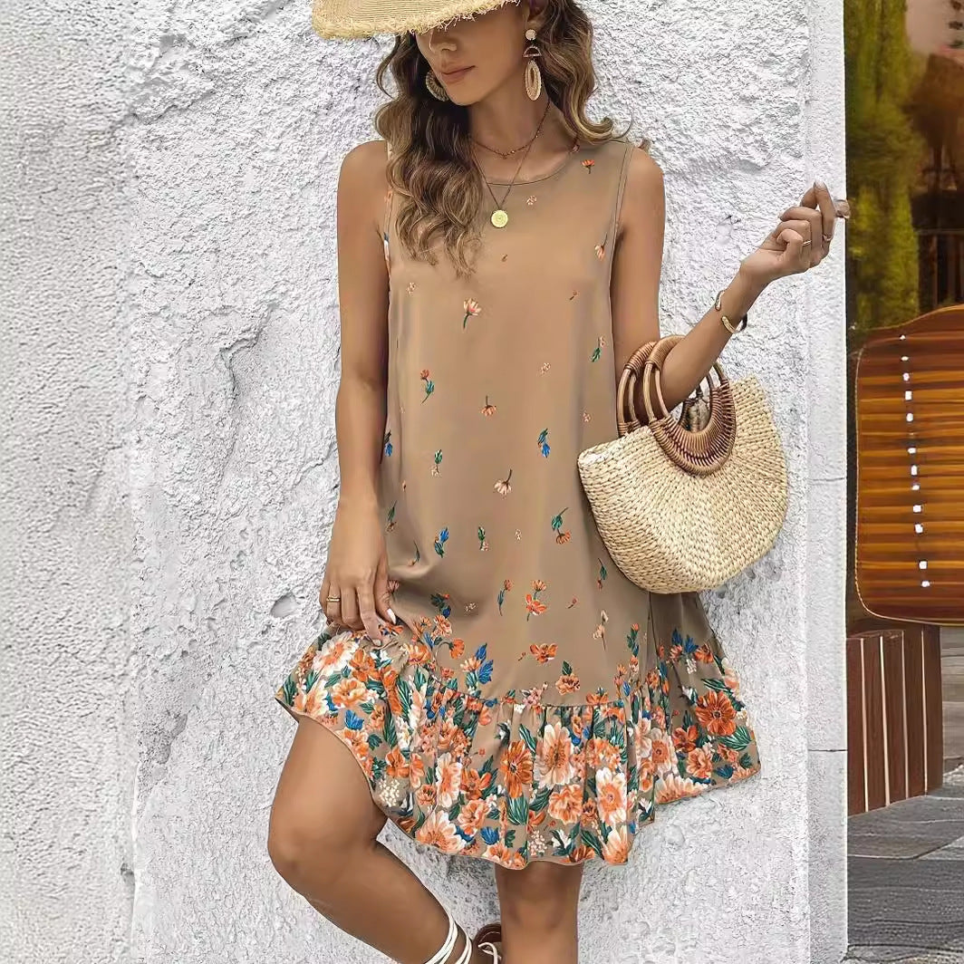 Floral Sleeveless Khaki Dress by Greta 
