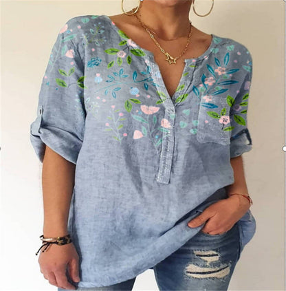 Printed V-Neck Cotton Blouse by Greta 