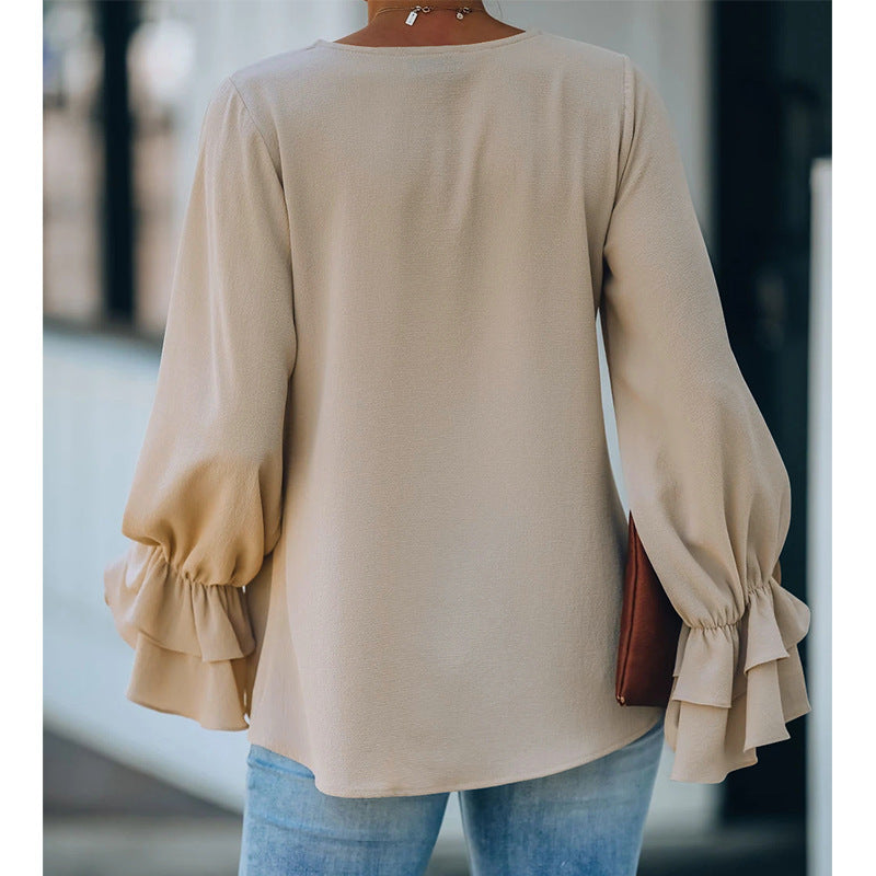 Elegant V-Neck Ruffle Sleeve Top by Greta 