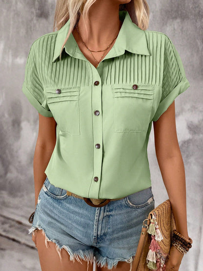 Pleated Shoulder Short Sleeve Top by Greta 