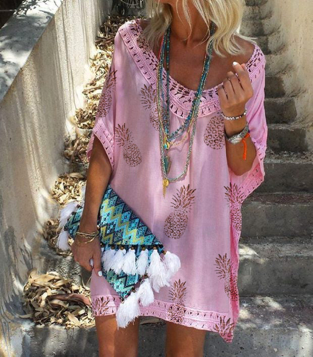 Chic Lace Print Dress Greta  Summer V-Neck