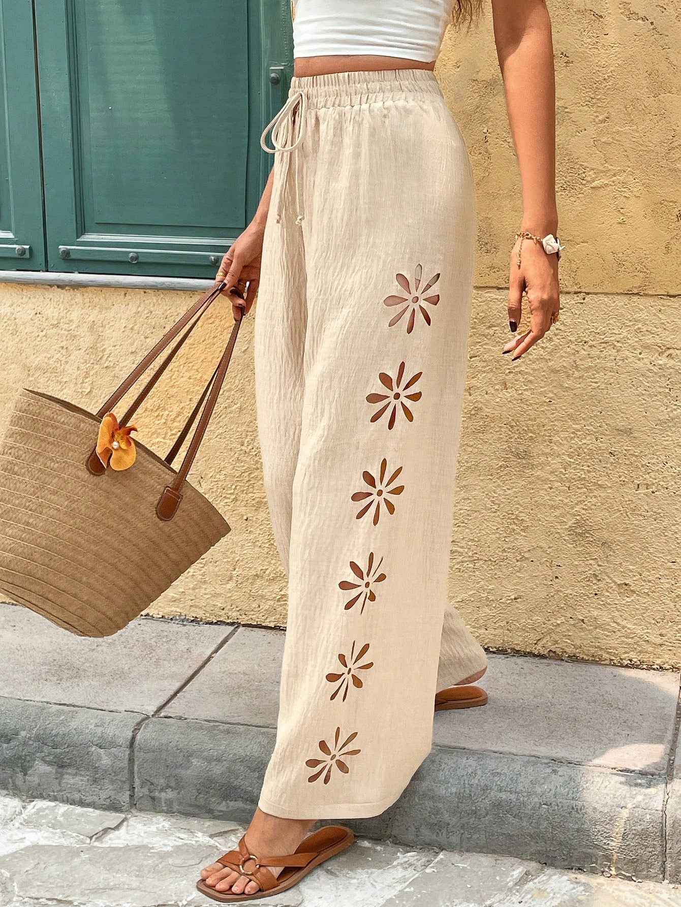 Chic Greta  Floral Cutout Drawstring Pants