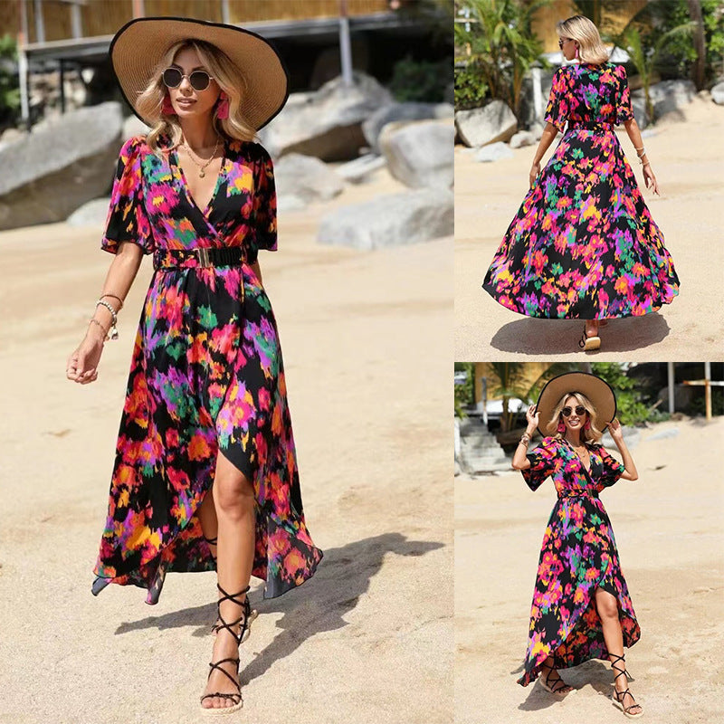 Vibrant Asymmetric V-Neck Dress by Greta 