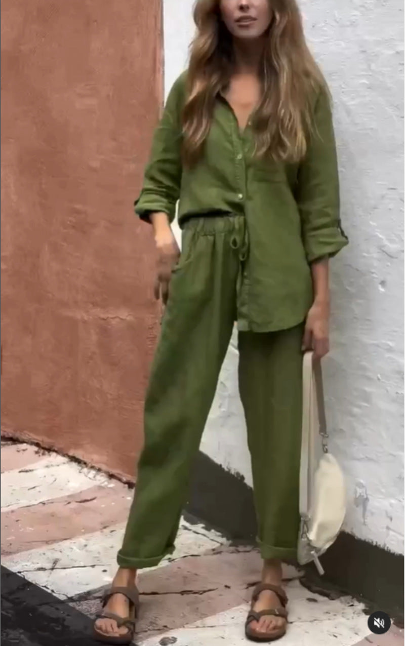 Chic Cotton Linen Set Greta  High Waist Trousers