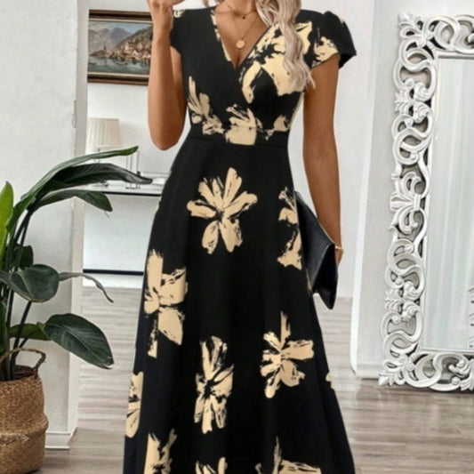 Elegant V-Neck Print Maxi Dress by Greta 
