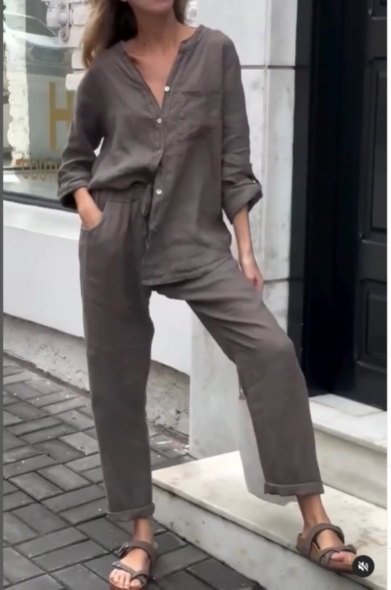 Chic Cotton Linen Set Greta  High Waist Trousers