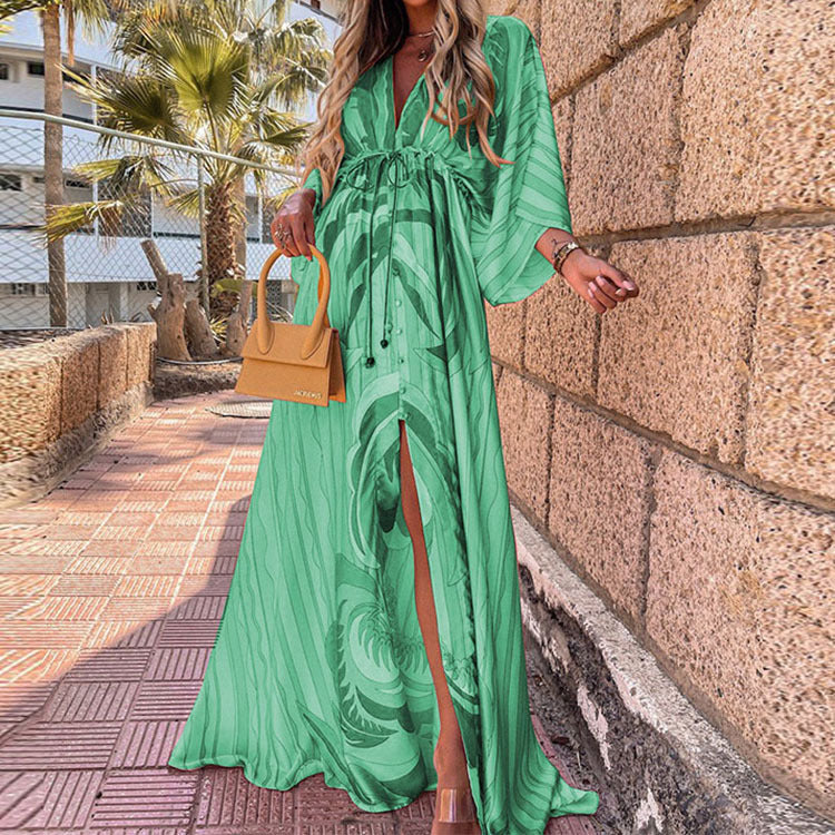 Vibrant V-Neck Lace-Up Maxi Dress by Greta 
