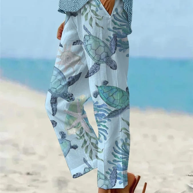 Sea Turtle Print Greta  Cropped Pants