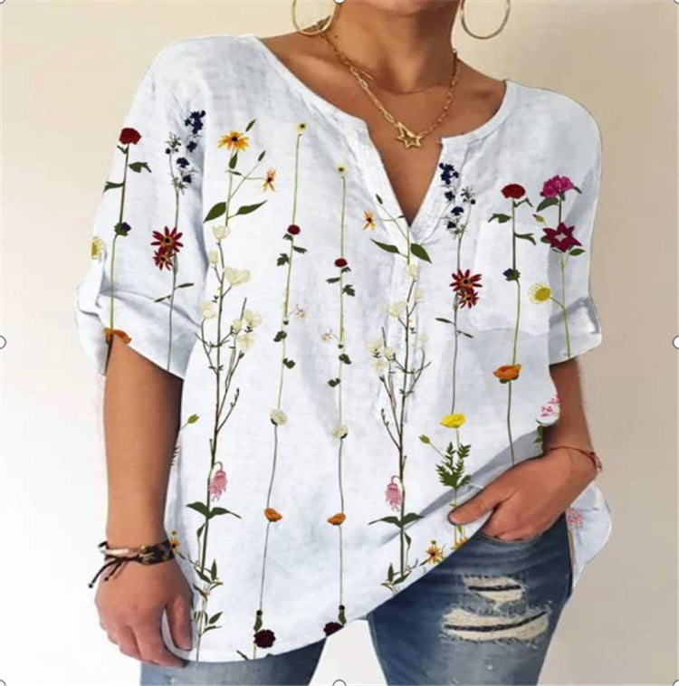 Printed V-Neck Cotton Blouse by Greta 