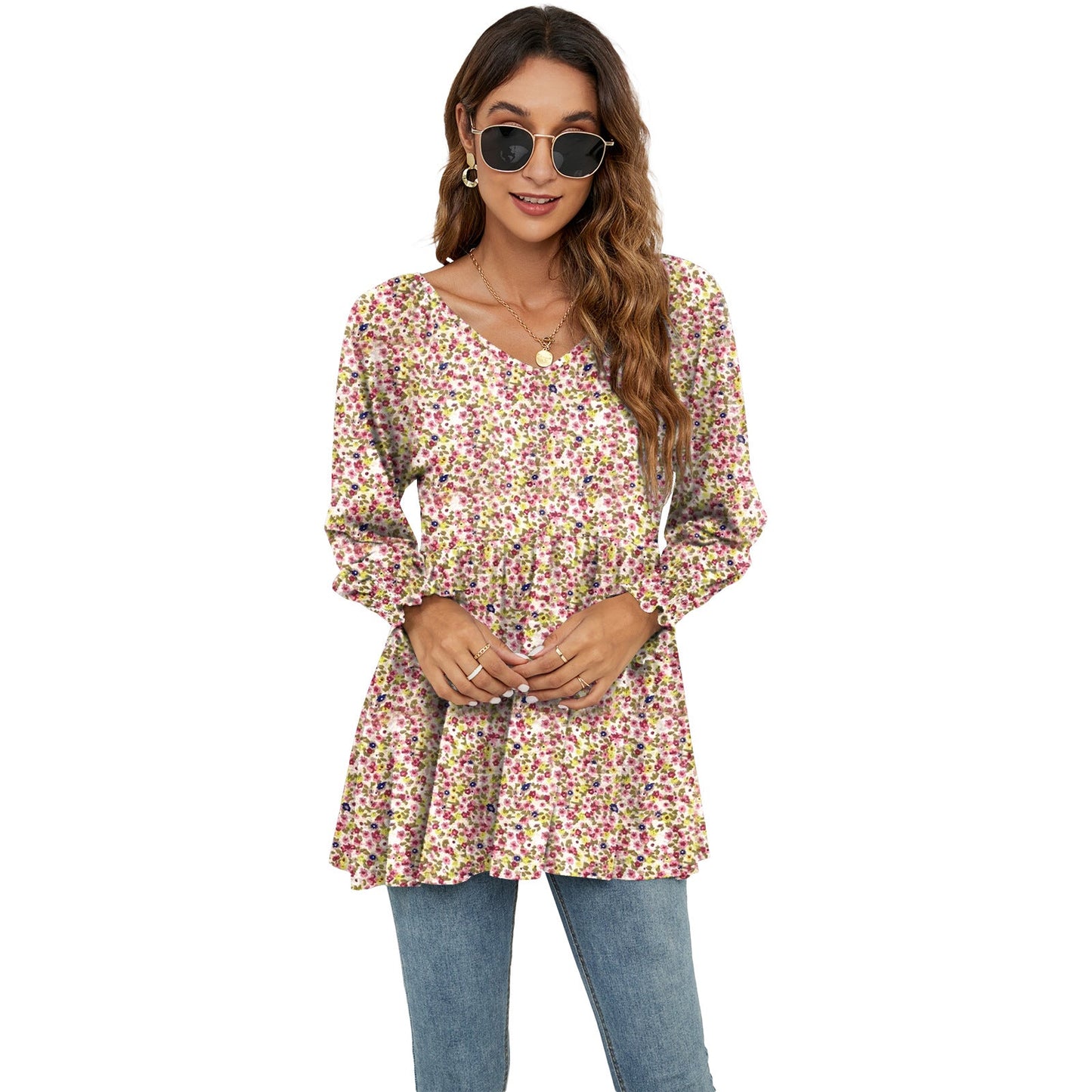 Floral Puff Sleeve V-Neck Top by Greta 