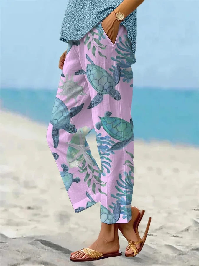 Sea Turtle Print Greta  Cropped Pants