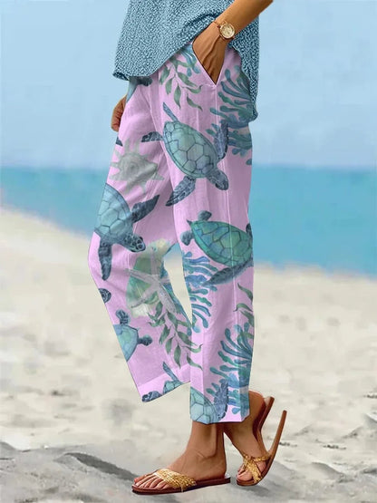 Sea Turtle Print Greta  Cropped Pants