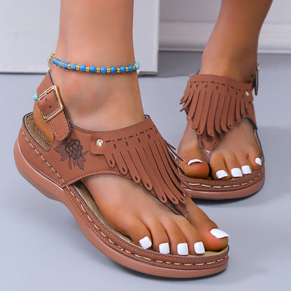 Boho Fringe Greta  Wedge Thong Sandals
