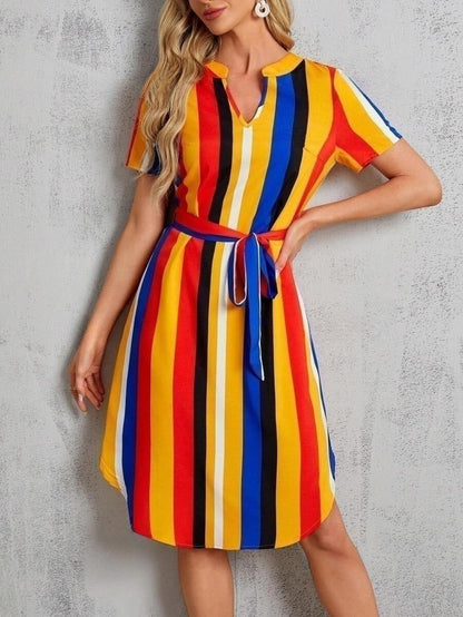 Chic Striped Greta  V-Neck Midi Dress