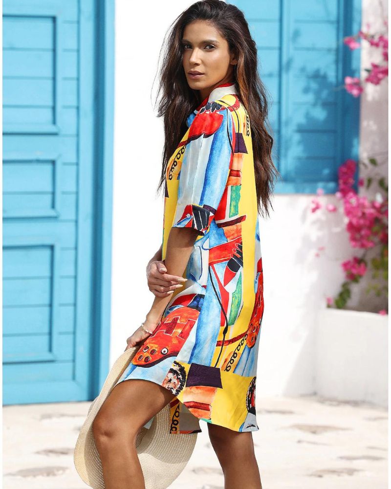 Vibrant Geometric Greta  Mid-Length Top