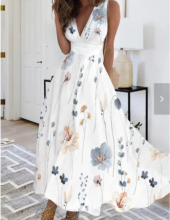 Floral V-Neck High Waist Dress by Greta 