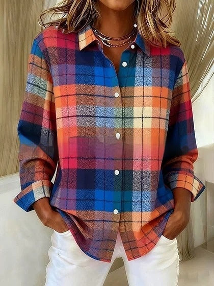 Plaid Colorblock Greta  Long Sleeve Blouse