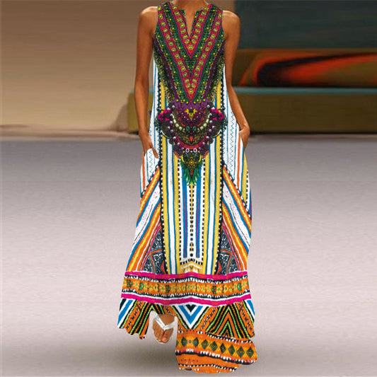 Retro Print V-Neck Maxi Dress by Greta 