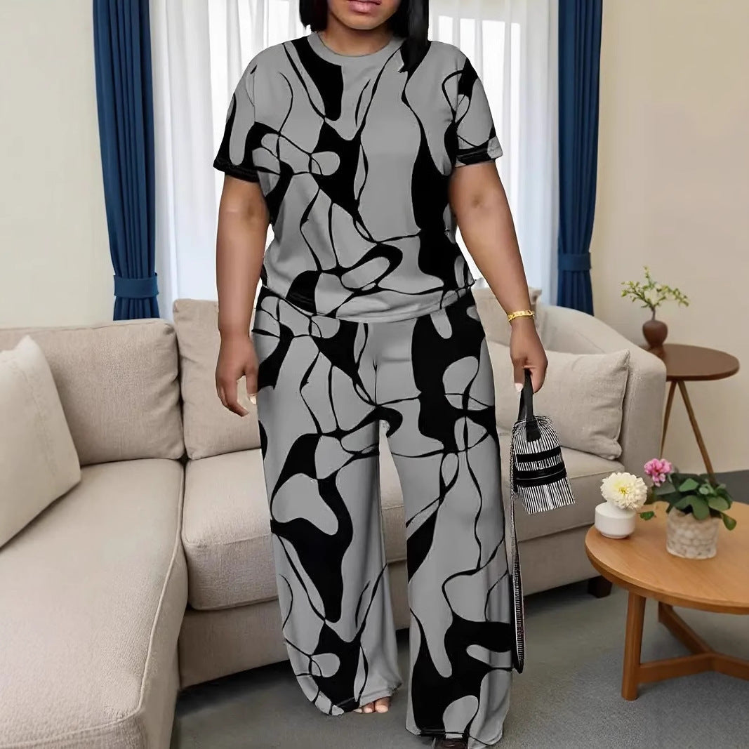 Plus Size Abstract Print Comfy Two-Piece Lounge Set by Greta