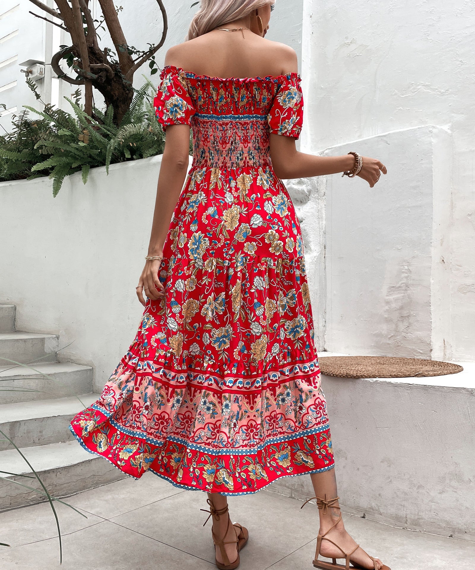 Boho Floral Greta  Off-Shoulder Midi Dress