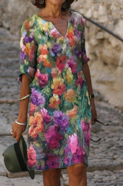 Vibrant Printed V-Neck Dress by Greta 