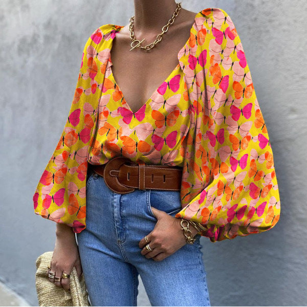 Retro Butterfly V-Neck Blouse by Greta 