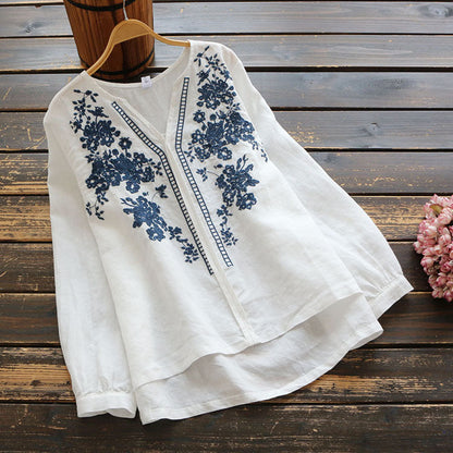 Vintage Embroidered Linen V-Neck Top by Greta 