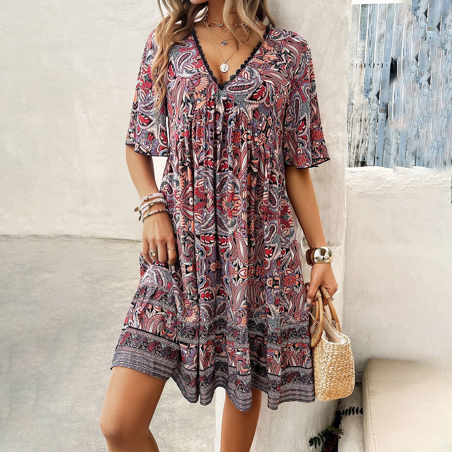 Boho Printed V-Neck Dress by Greta 