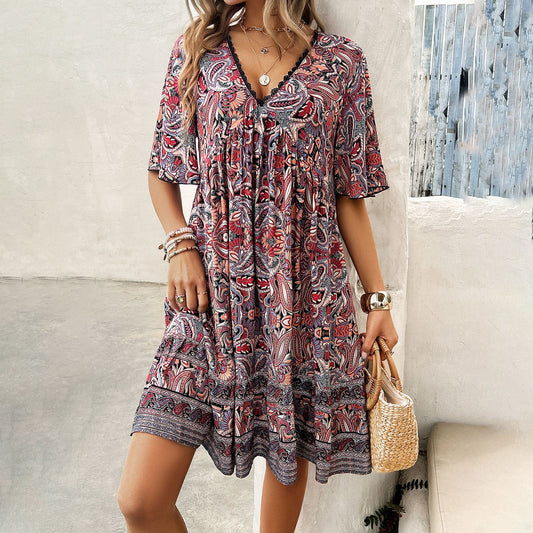Boho Printed V-Neck Dress by Greta 