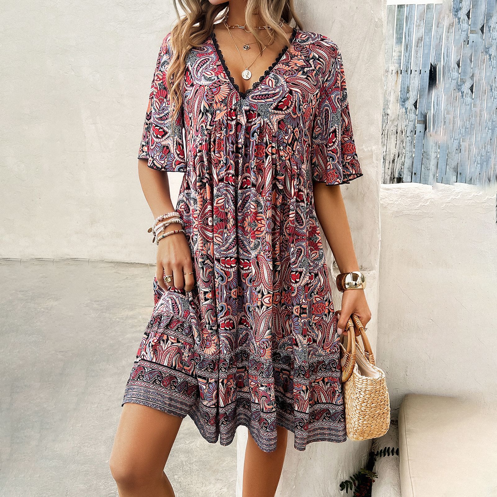 Boho Printed V-Neck Dress by Greta 