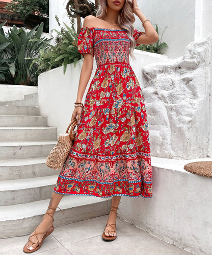 Boho Floral Greta  Off-Shoulder Midi Dress