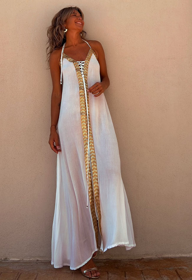Elegant Lace-Up Halterneck Dress by Greta 