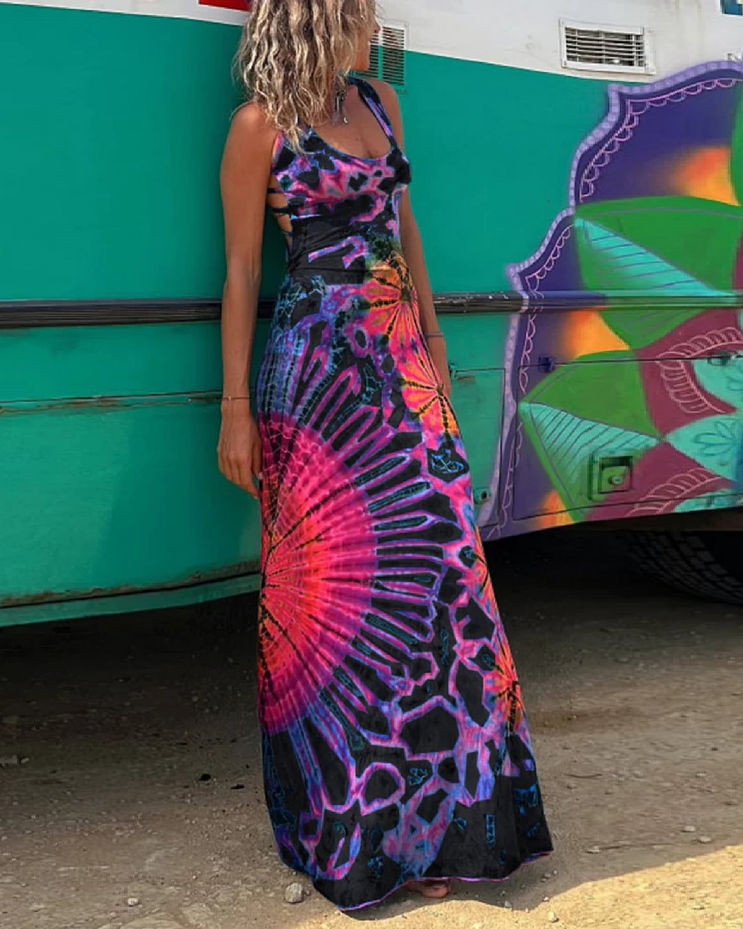 Vibrant Geometric Greta  Backless Maxi Dress