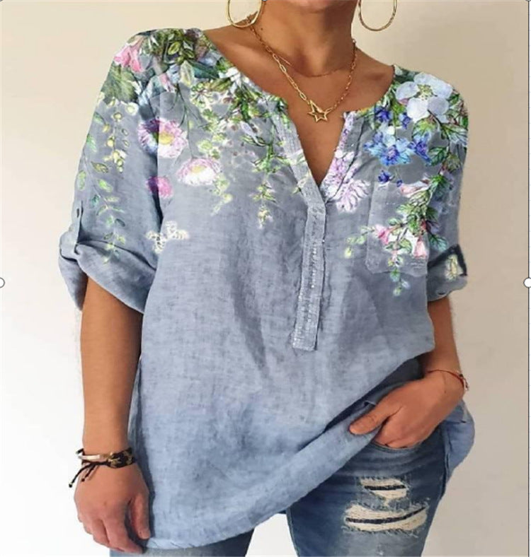 Printed V-Neck Cotton Blouse by Greta 