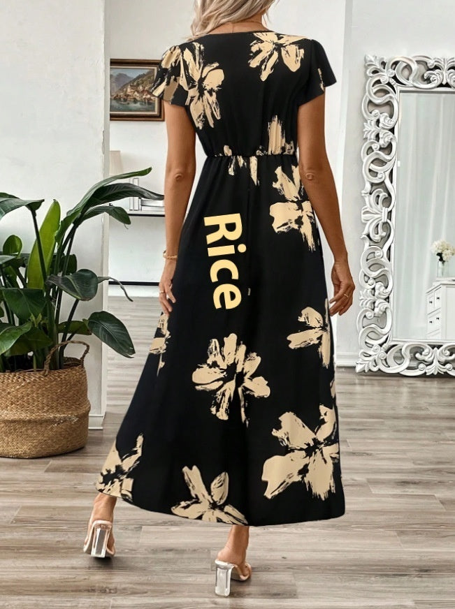 Elegant V-Neck Print Maxi Dress by Greta 