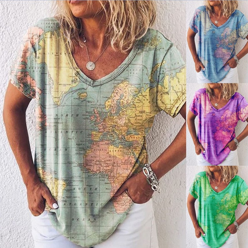 Map Print Greta  V-Neck Everyday Top