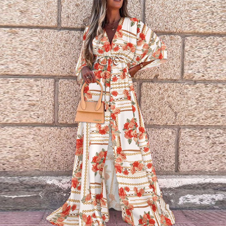 Vibrant V-Neck Lace-Up Maxi Dress by Greta 