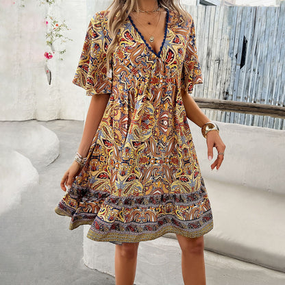 Boho Printed V-Neck Dress by Greta 
