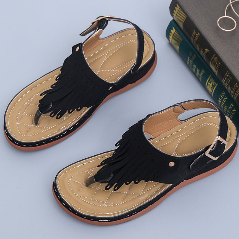 Boho Fringe Greta  Wedge Thong Sandals