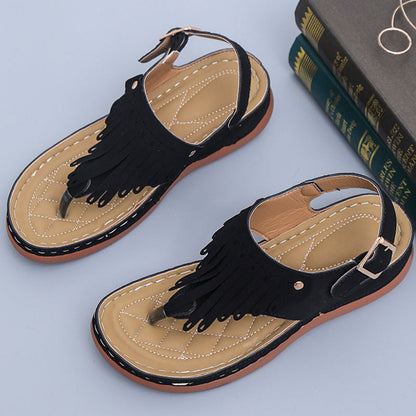 Boho Fringe Greta  Wedge Thong Sandals