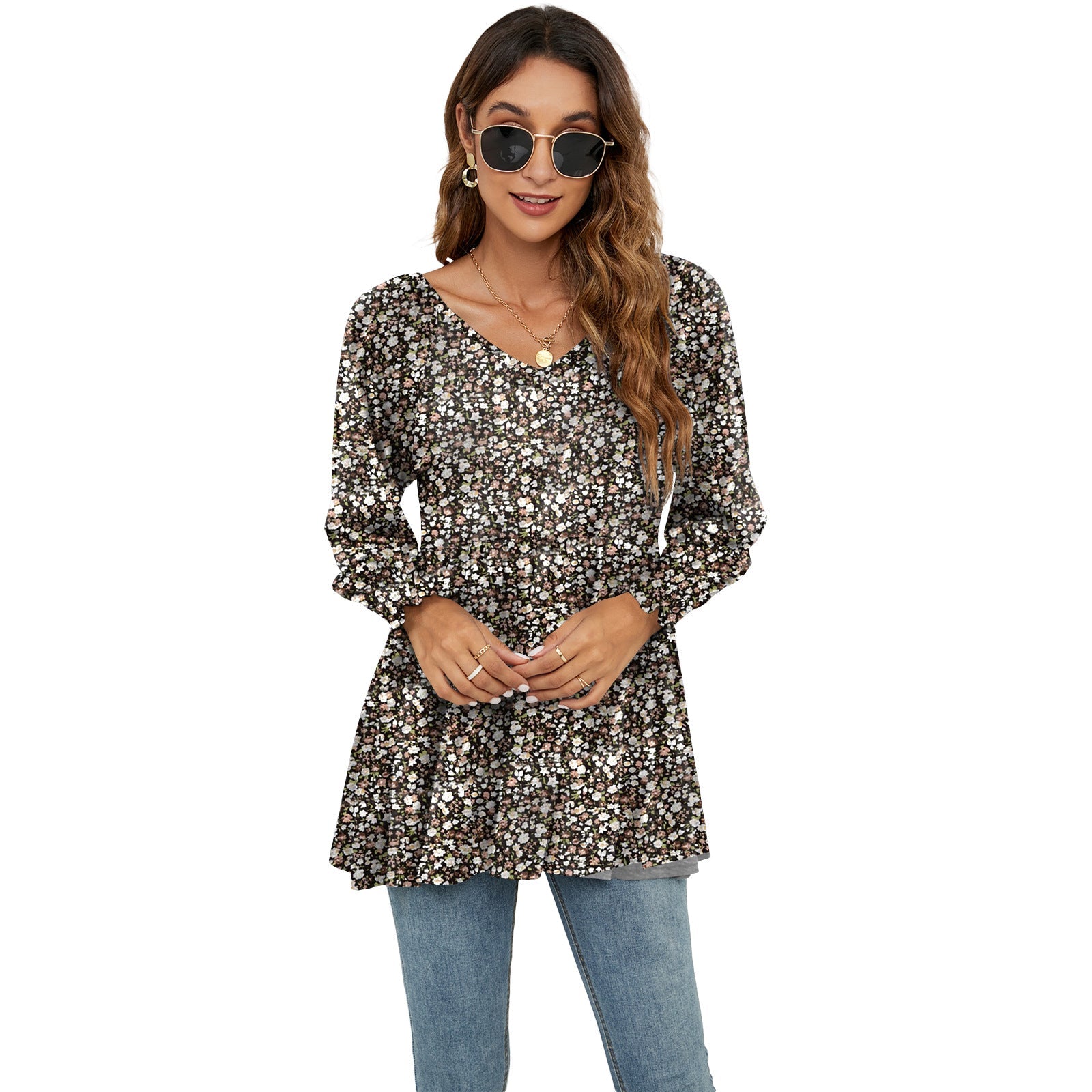 Floral Puff Sleeve V-Neck Top by Greta 