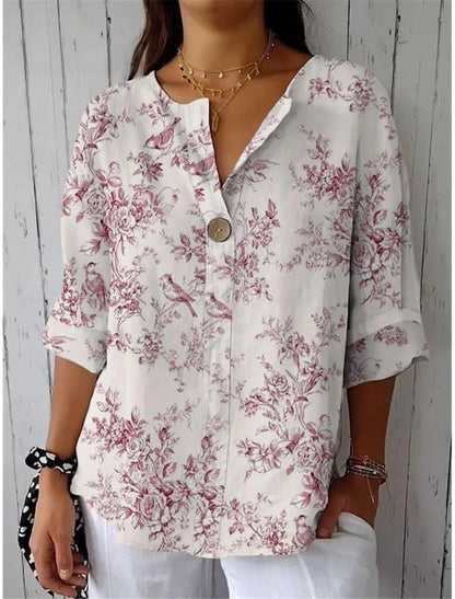 Floral Print Greta  Button V-Neck Casual Top